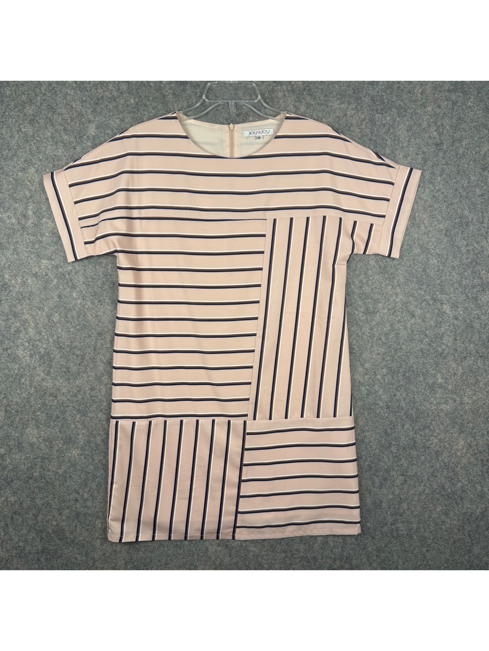 Joy Joy Striped Block Short Sleeve Shift Dress Peach Navy Blue Medium Dressy 689